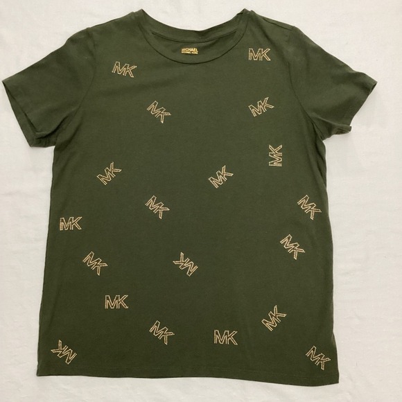 Michael Kors MK Logo Studded Olive Green Cotton Blend TShirt Womens Size S - Picture 1 of 7